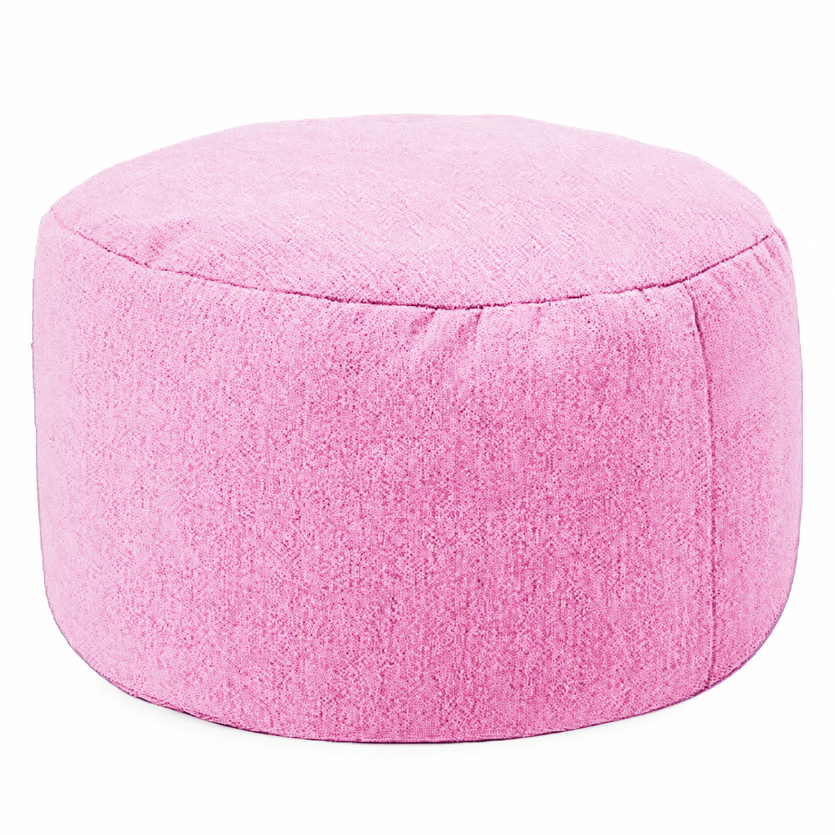 Petit pouf rond rembourré en tissu, rose cerise, vue sur fond blanc