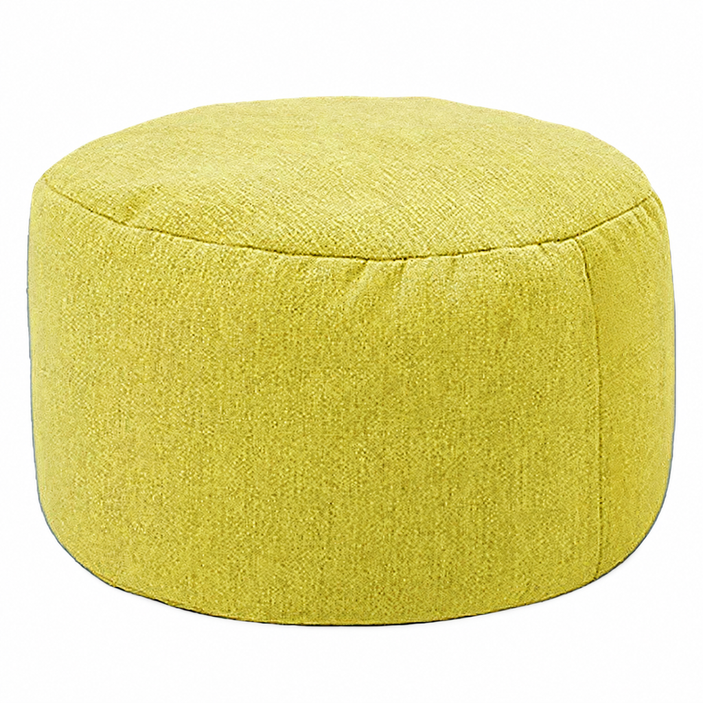 Petit pouf rond rembourré en tissu, vert, vue sur fond blanc