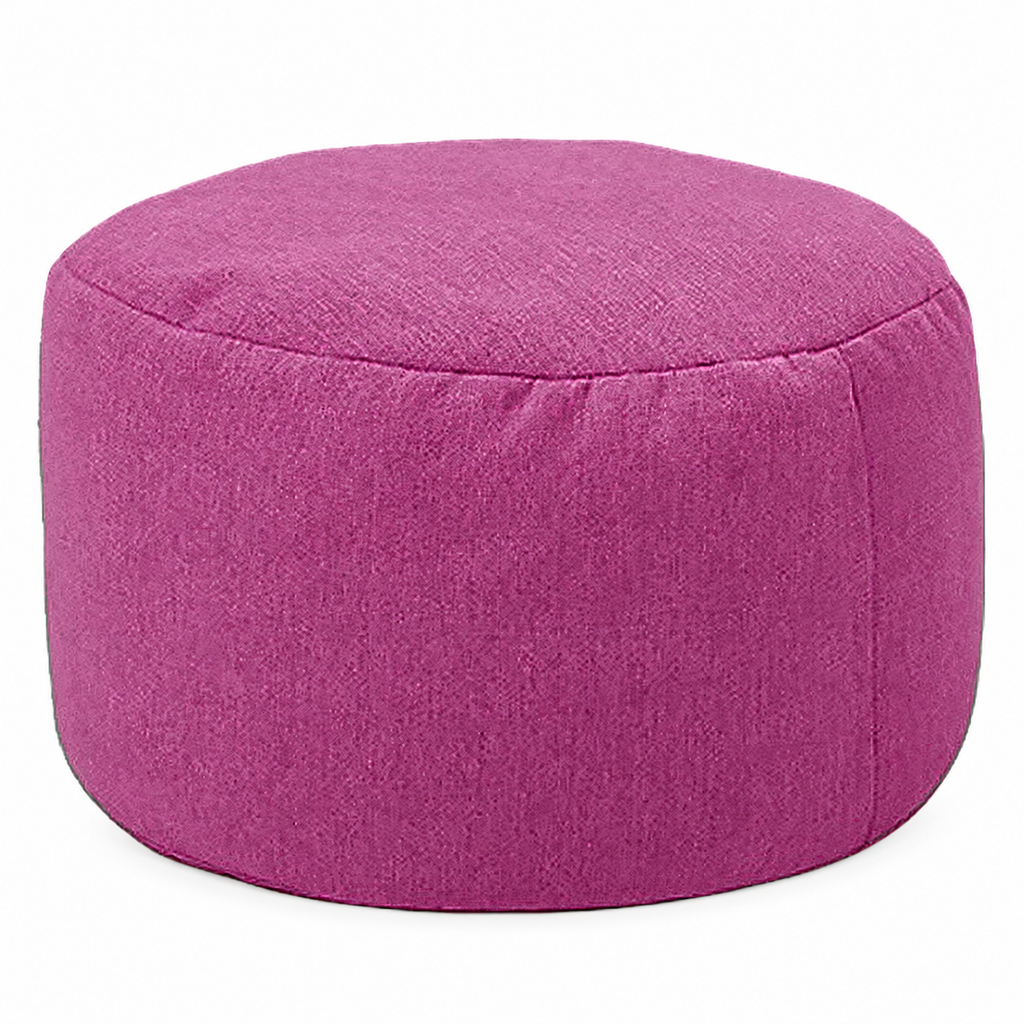 Petit pouf rond rembourré en tissu, violet, vue sur fond blanc