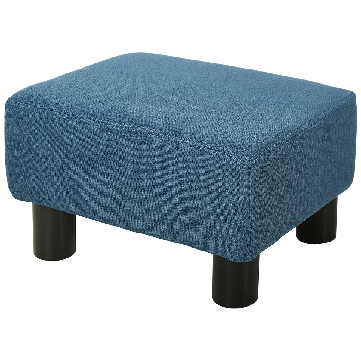 Pouf bleu à pieds en bois, vue d’ensemble sur fond blanc