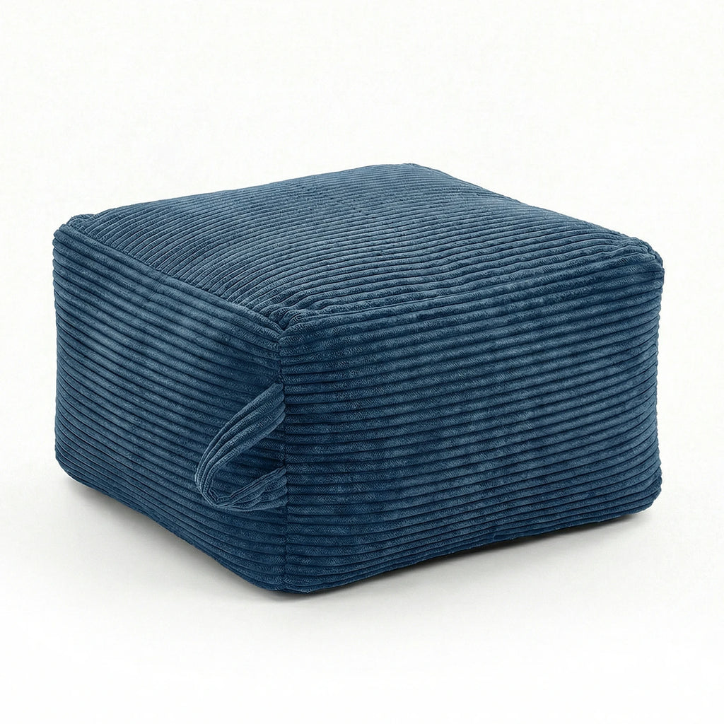 Pouf carré côtelé, bleu, sur fond blanc