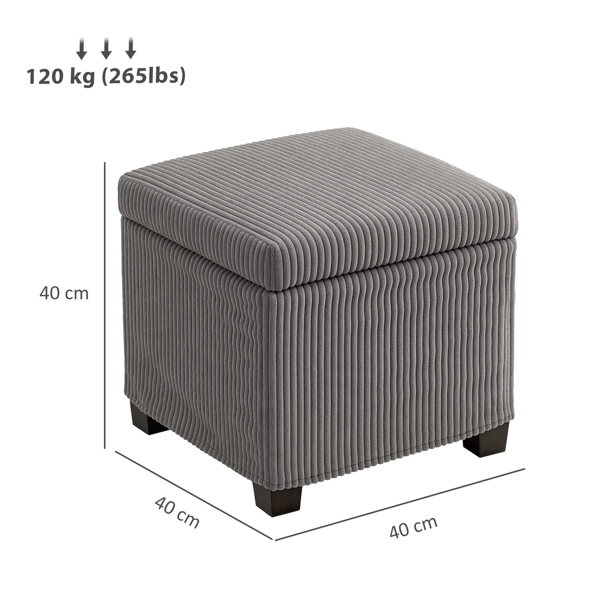 Pouf coffre carré gris en velours côtelé, dimensions du pouf coffre