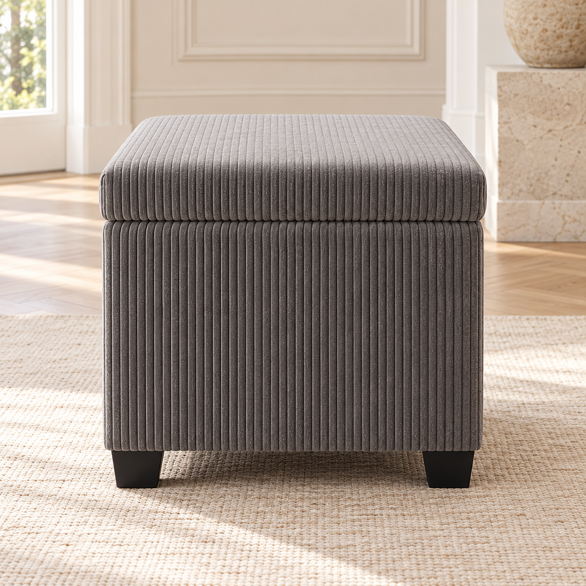 Pouf coffre carré gris en velours côtelé, coffre fermé, autre angle dans un salon lumineux