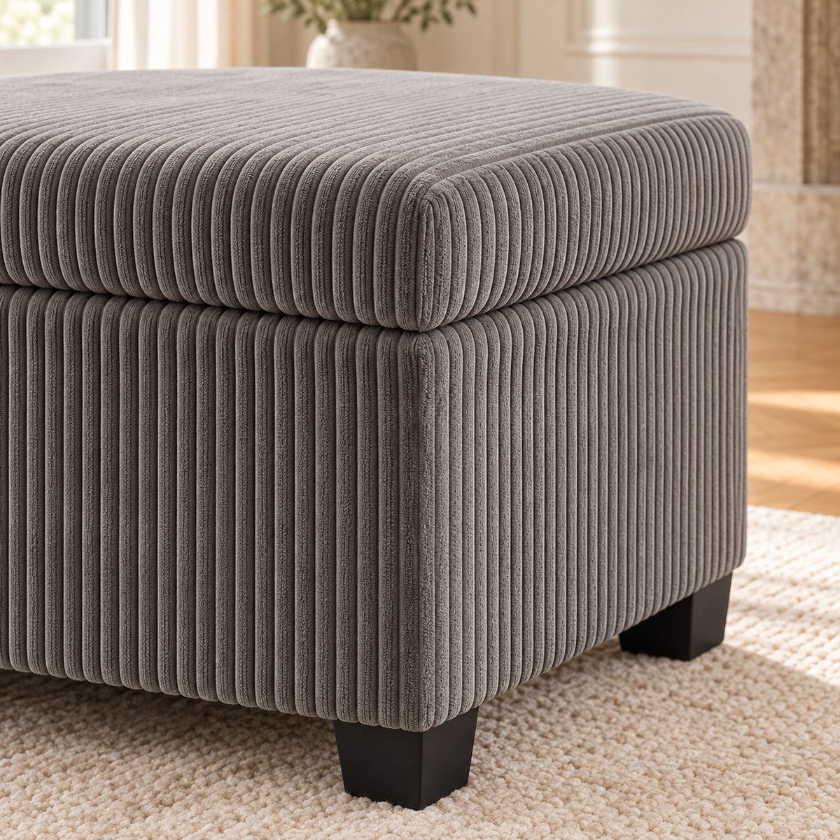 Pouf coffre carré gris en velours côtelé, coffre fermé, gros plan du revêtement et des finitions