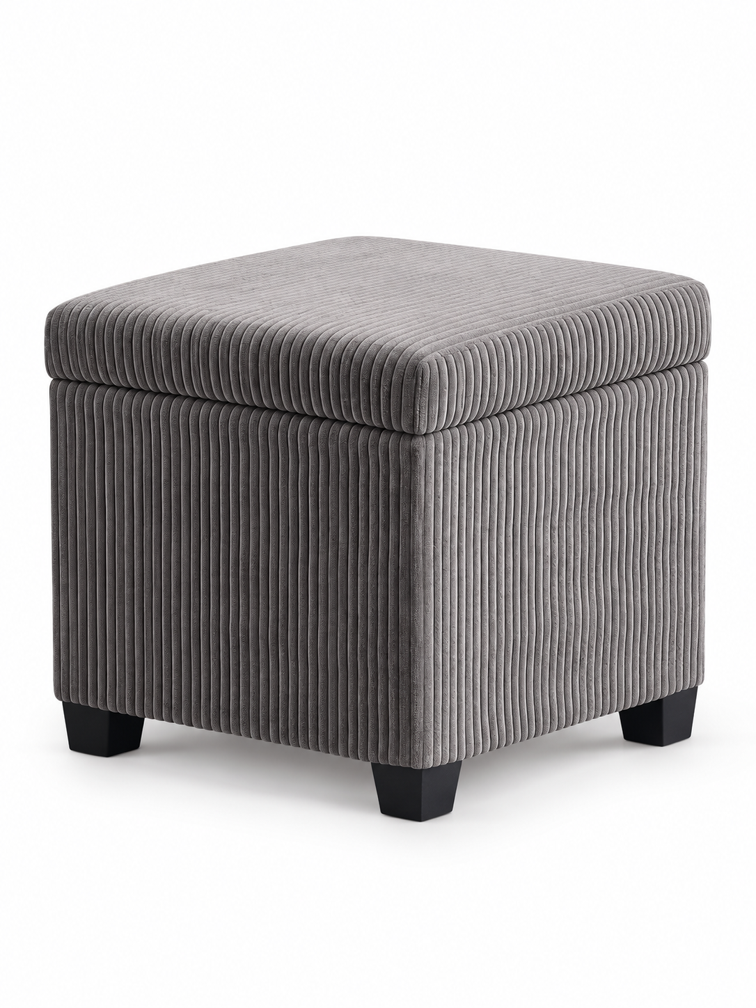 Pouf coffre carré gris en velours côtelé, coffre fermé sur fond blanc