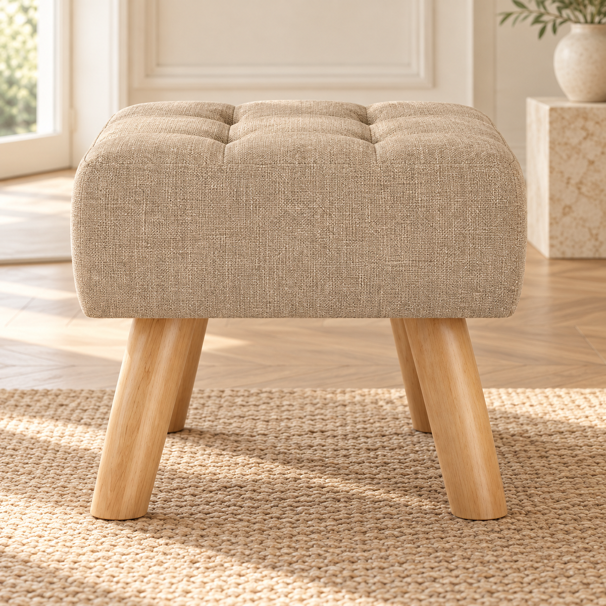 Repose-pieds beige capitonné à pieds en bois, autre angle dans un salon lumineux