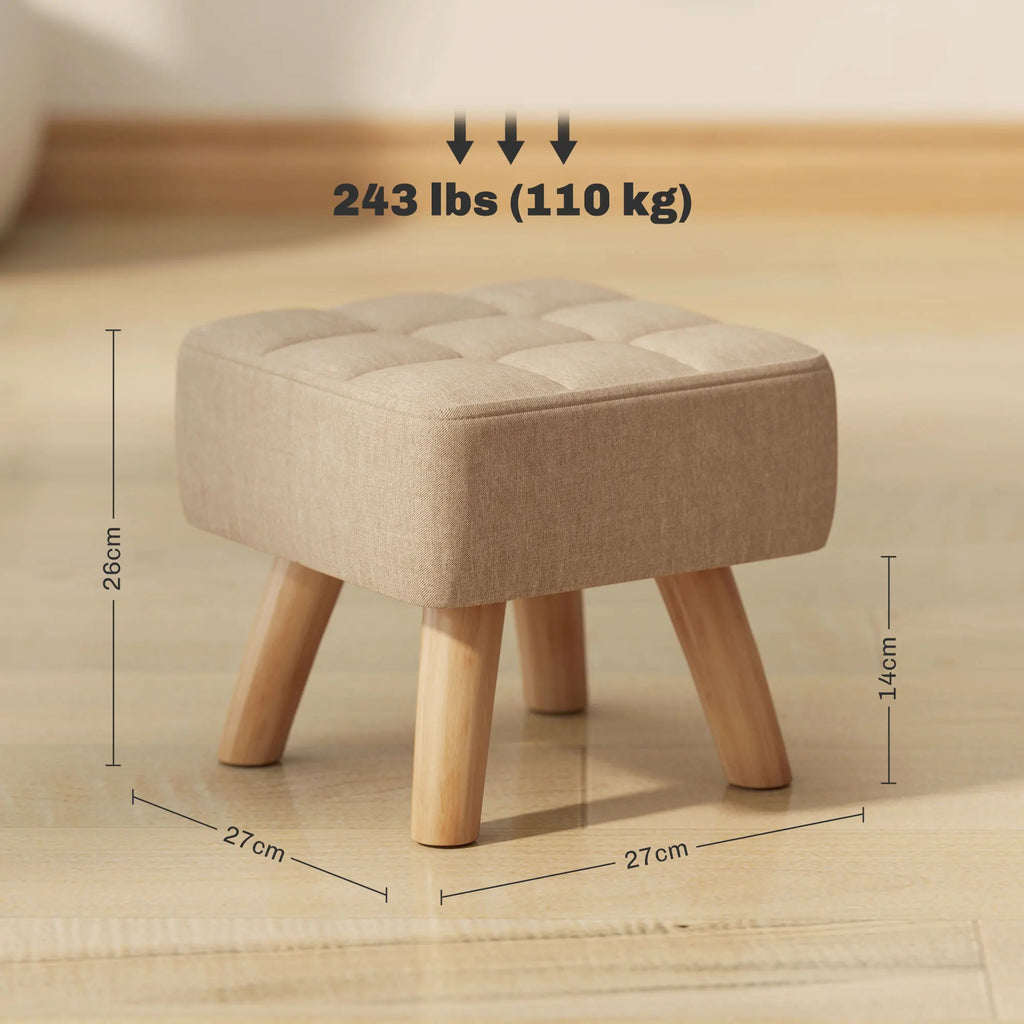 Repose-pieds beige capitonné à pieds en bois, dimensions du repose-pieds