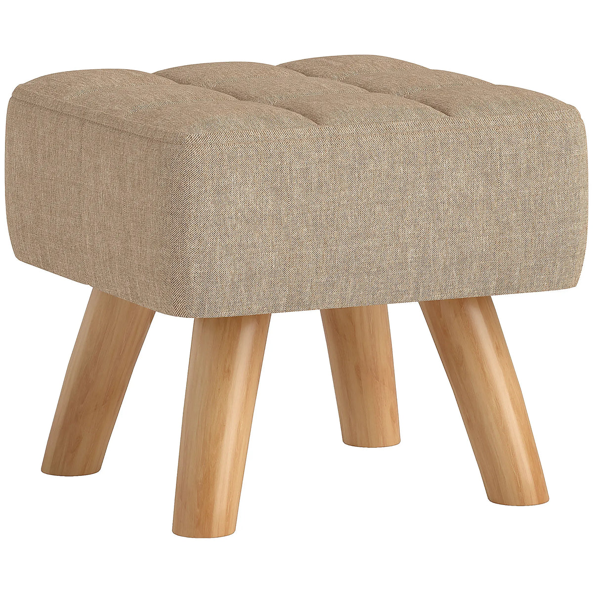 Repose-pieds beige capitonné à pieds en bois, vue d’ensemble sur fond blanc