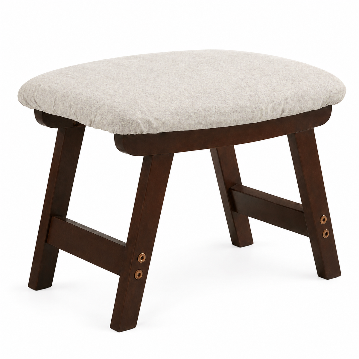 Repose-pieds en bois brun avec coussin écru, sur fond blanc
