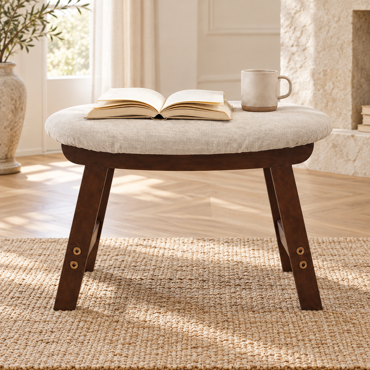 Repose-pieds en bois avec coussin, autre angle dans un salon lumineux