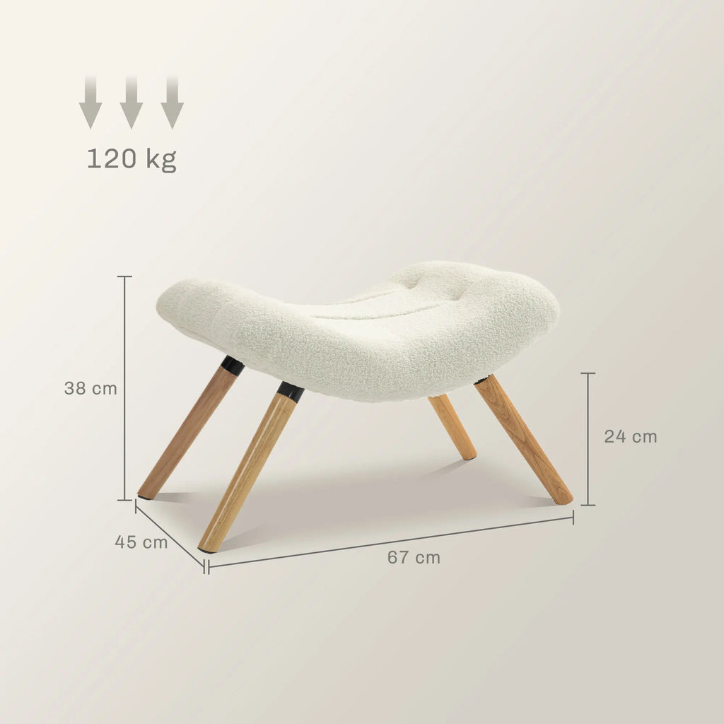 Repose-pieds incurvé en polaire crème à pieds bois, dimensions du repose-pieds