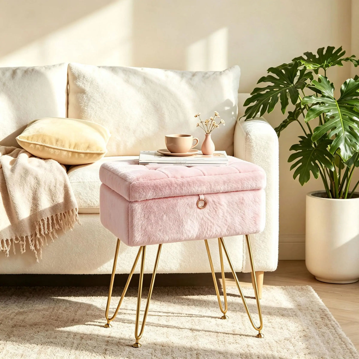 Tabouret coffre rembourré à pieds dorés, rose, autre angle dans un salon