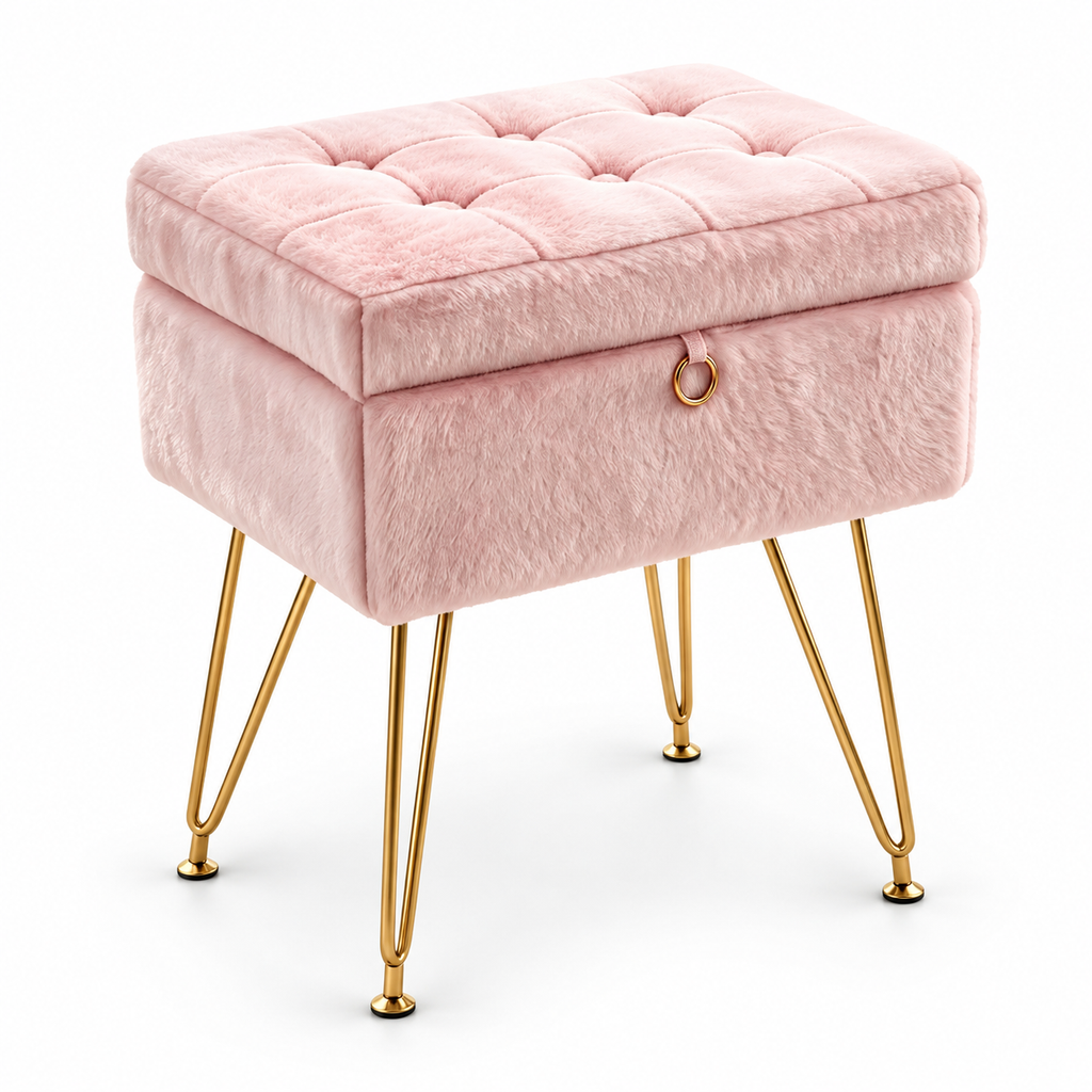 Tabouret coffre rembourré à pieds dorés, rose, coffre fermé sur fond blanc